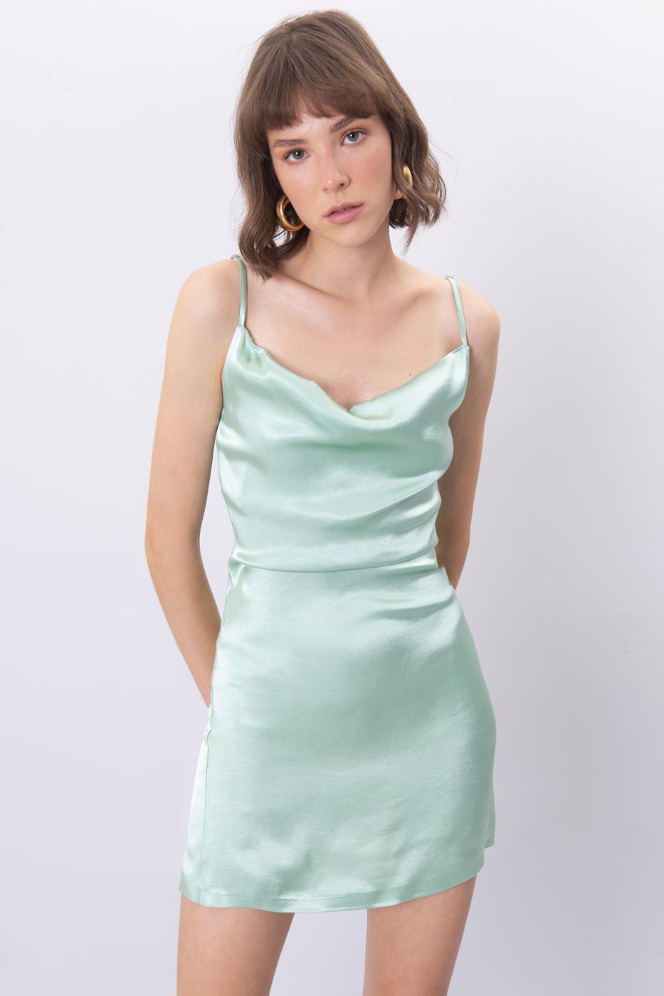 Bayan Yeşil Degaje Yaka Askılı Mini Elbise