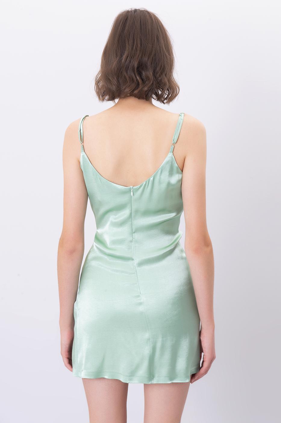 Bayan Yeşil Degaje Yaka Askılı Mini Elbise
