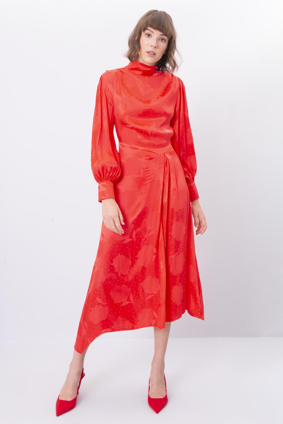 Bayan Kırmızı Degaje Uzun Kol Midi Elbise