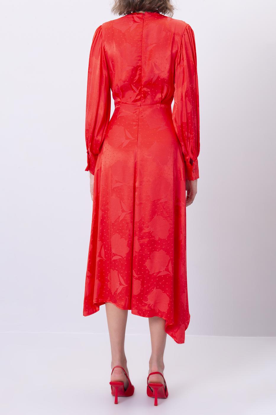 Bayan Kırmızı Degaje Uzun Kol Midi Elbise