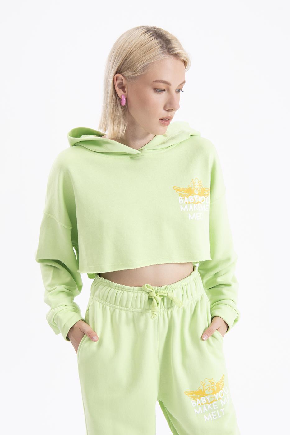 Bayan Yeşil Kapüşon Ve Baskı Detaylı Sweatshirt