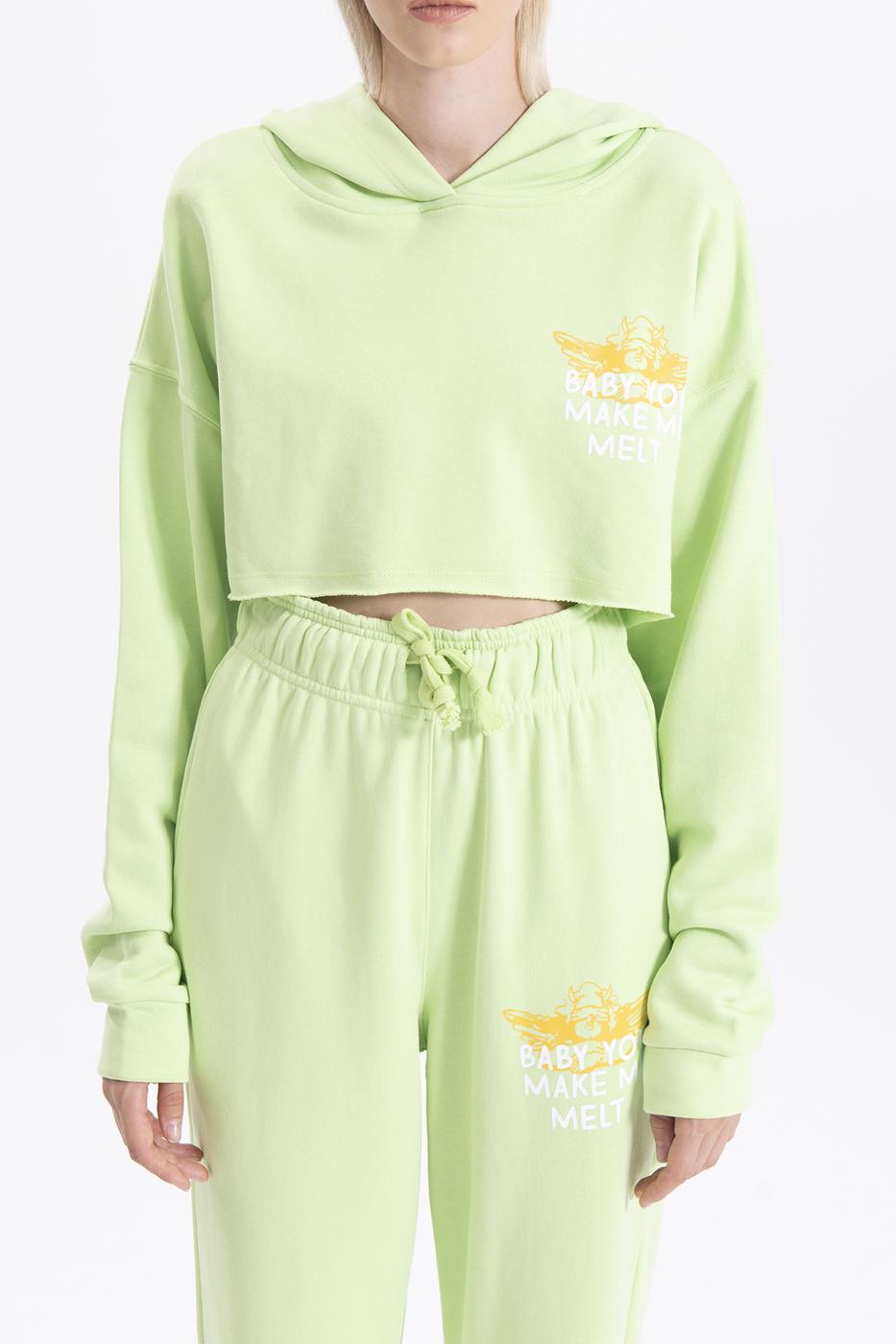 Bayan Yeşil Kapüşon Ve Baskı Detaylı Sweatshirt