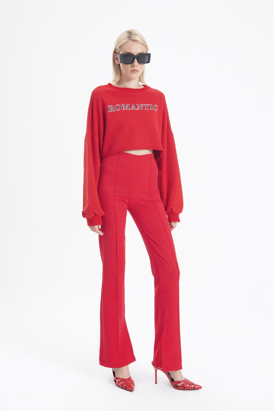 Bayan Kırmızı Ön Baskı Detaylı Basıc Sweatshirt