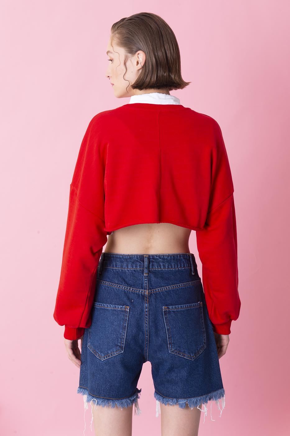 Bayan Kırmızı Ön Baskı Detaylı Basıc Sweatshirt