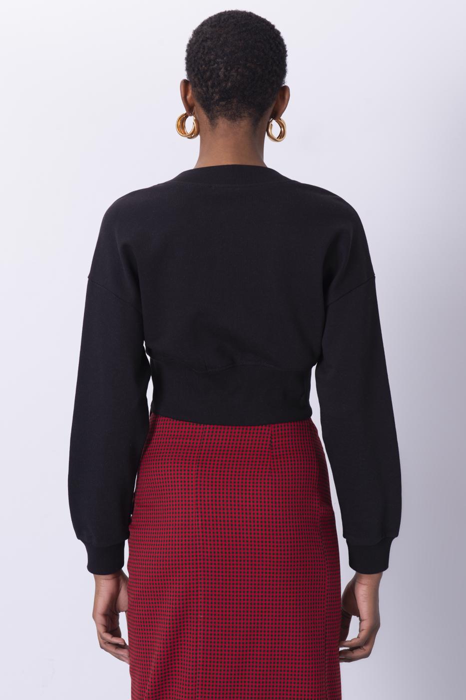 Bayan Siyah Kruvaze Yaka Detaylı Crop Sweatshirt