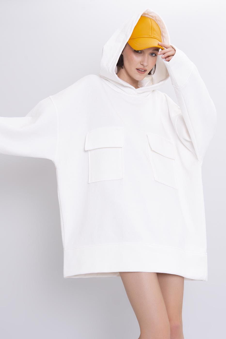 Bayan Ekru Cep Detaylı Kapüşonlu Mini Sweat Elbise