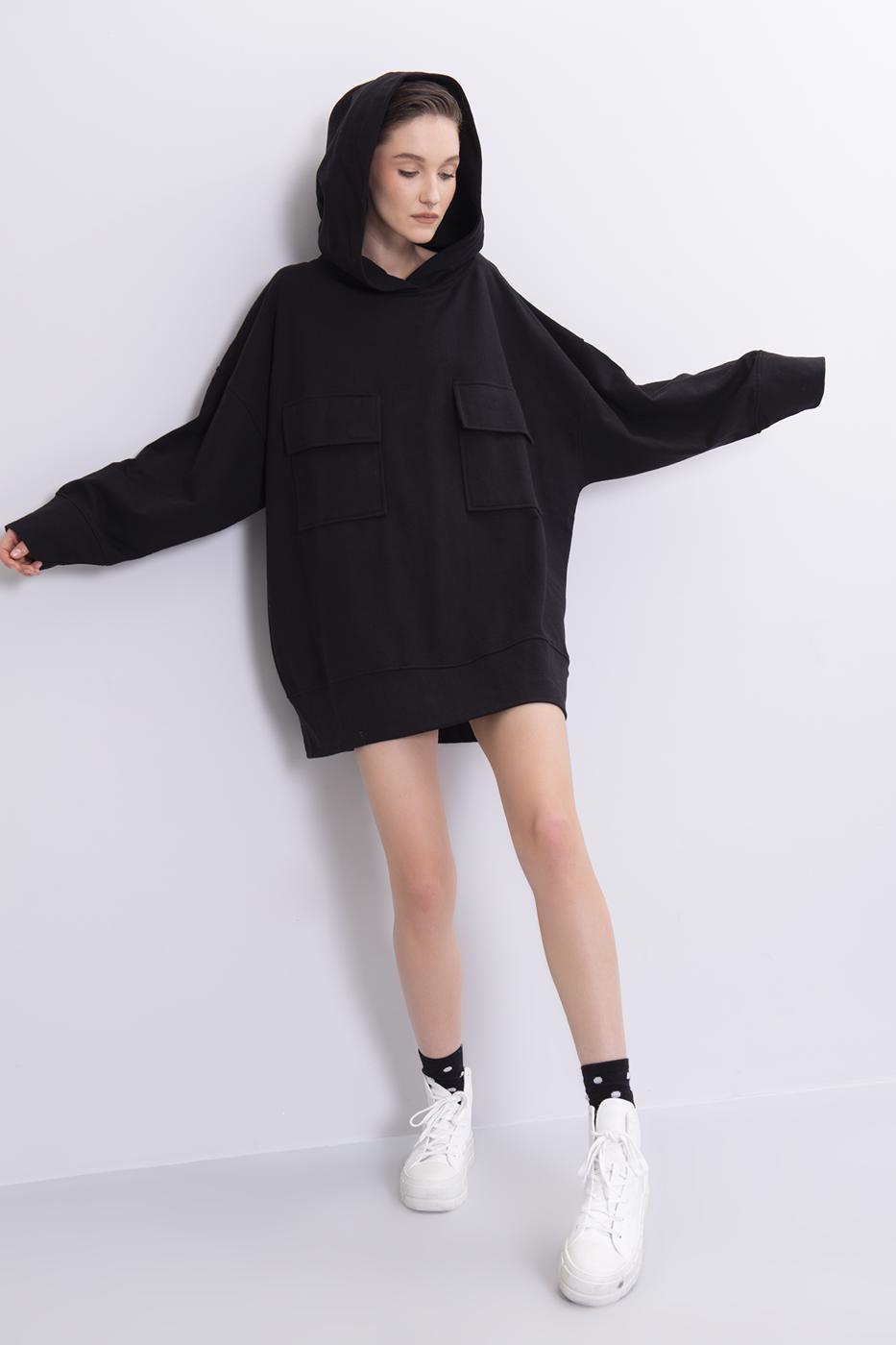 Bayan Siyah Cep Detaylı Kapüşonlu Mini Sweat Elbise