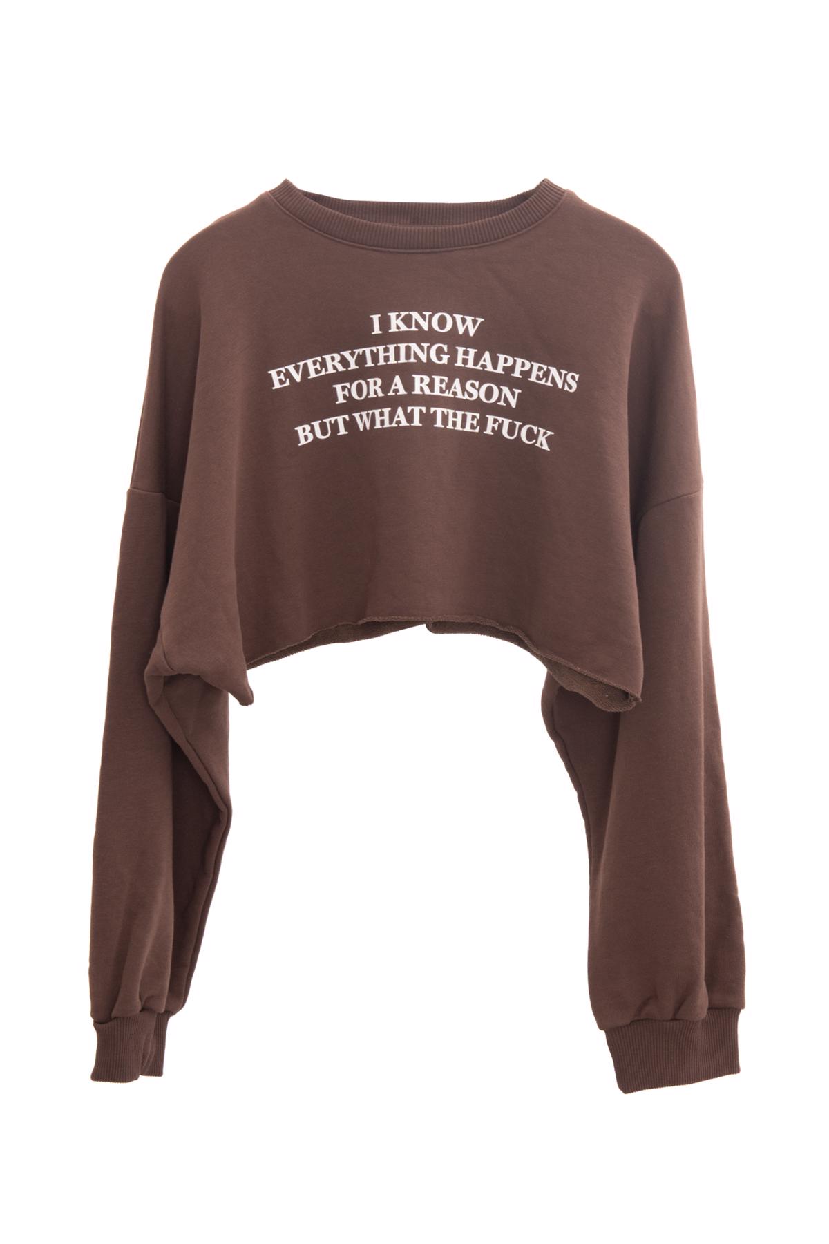 Bayan Kahverengi Ön Baskı Detaylı Basic Sweatshirt