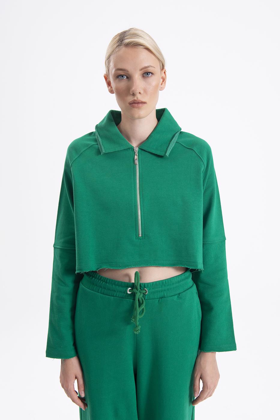 Bayan Yeşil Yakalı Crop Sweatshirt