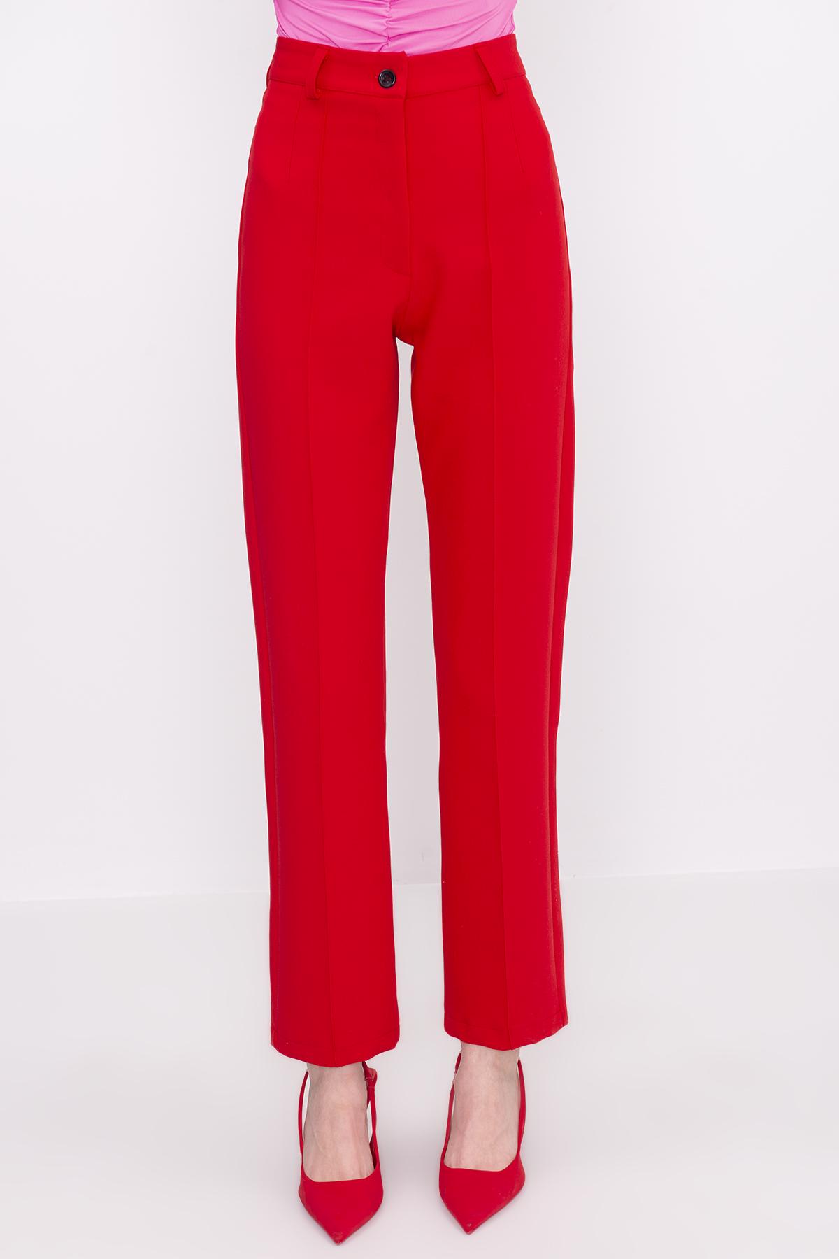 Bayan Kırmızı Yüksek Bel Nervür Dikişli Pantolon