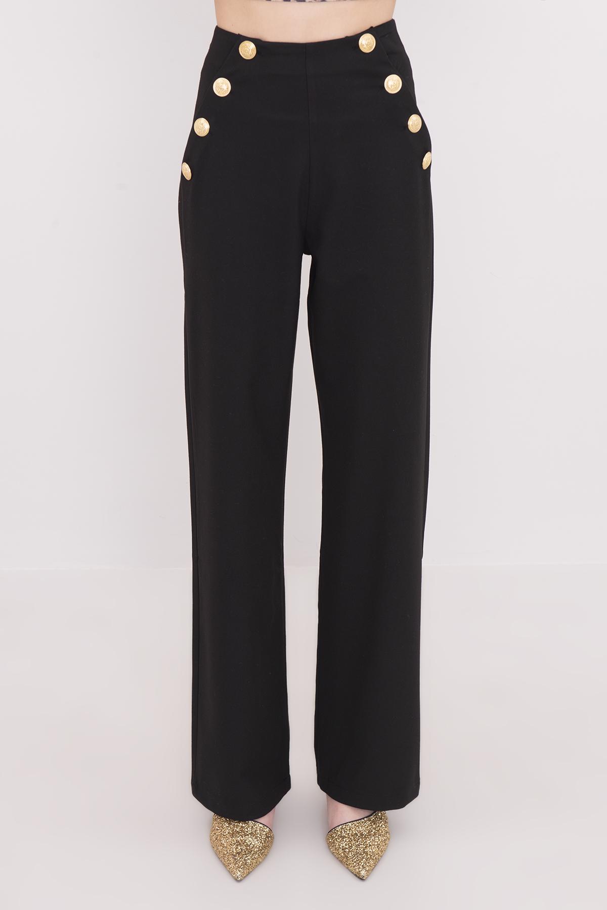 Bayan Siyah Düğme Detaylı Klasik Bol Paça Pantolon