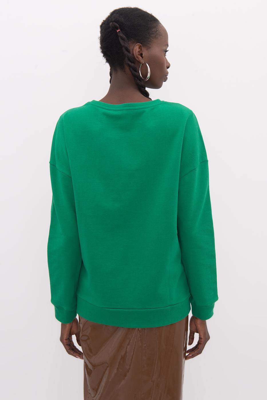 Bayan Yeşil Ön Nakış Detaylı Sweatshirt