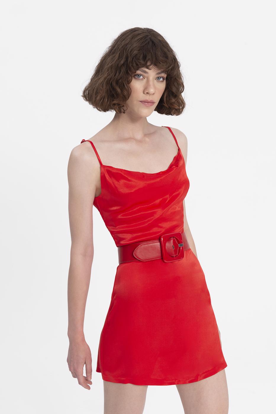 Bayan Kırmızı Degaje Yaka Askılı Mini Elbise