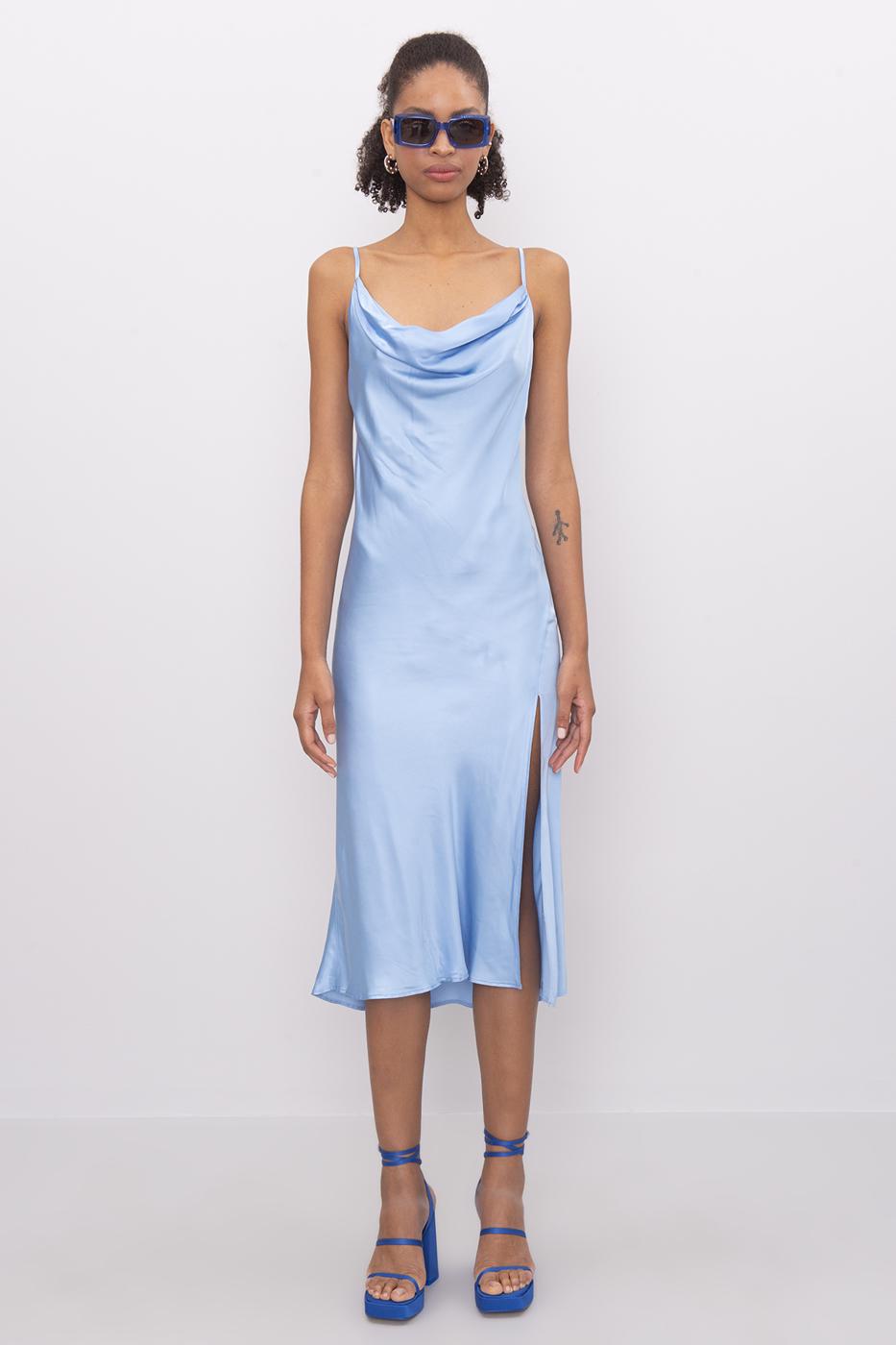 Bayan Mavi Degaje Yaka Askılı Midi Saten Elbise