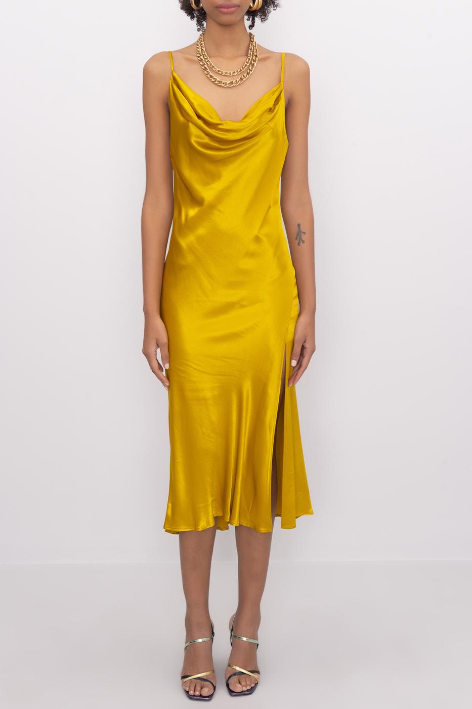 Bayan Sarı Degaje Yaka Askılı Midi Saten Elbise