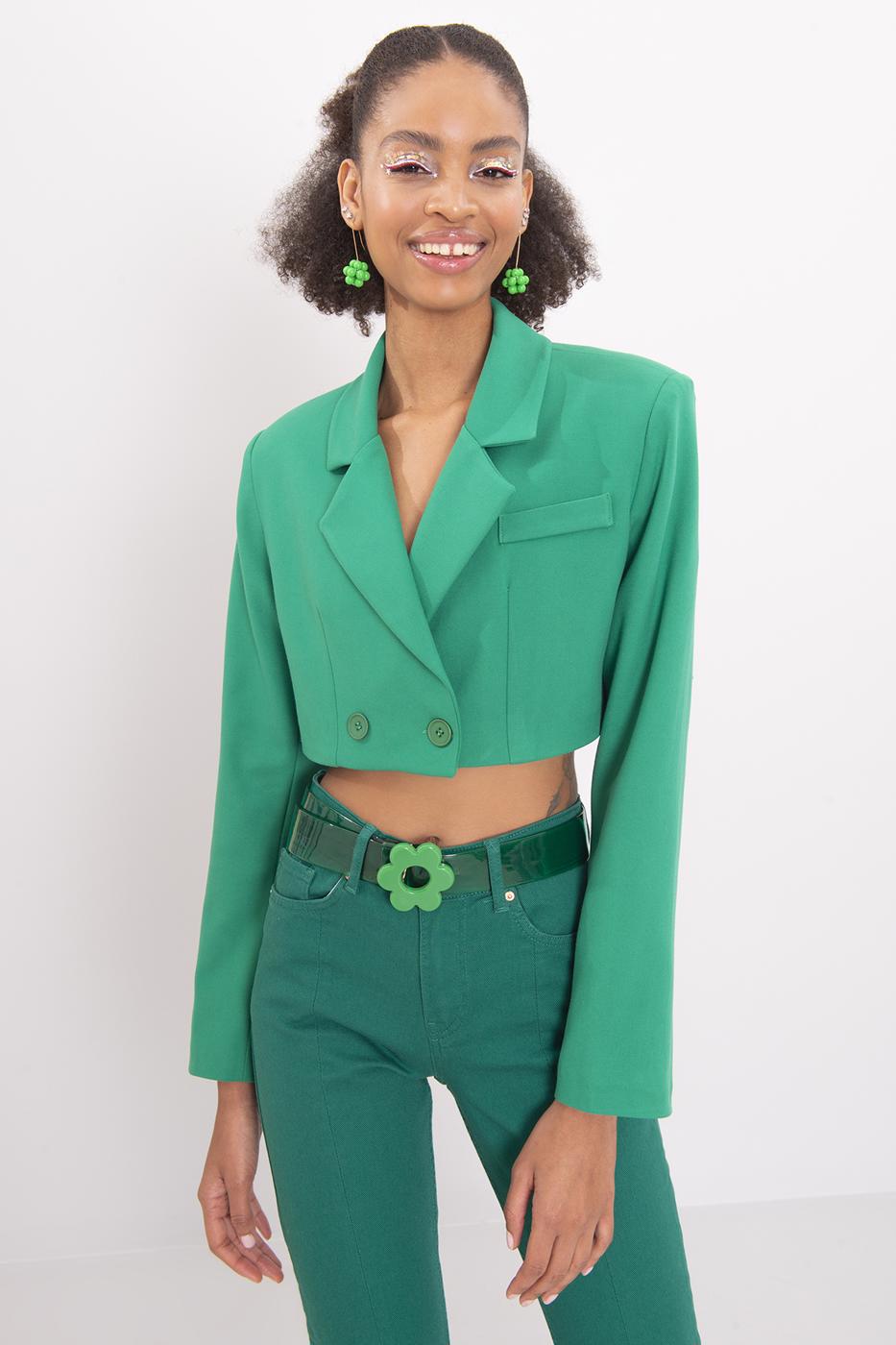 Bayan Yeşil Uzun Kollu Crop Ceket