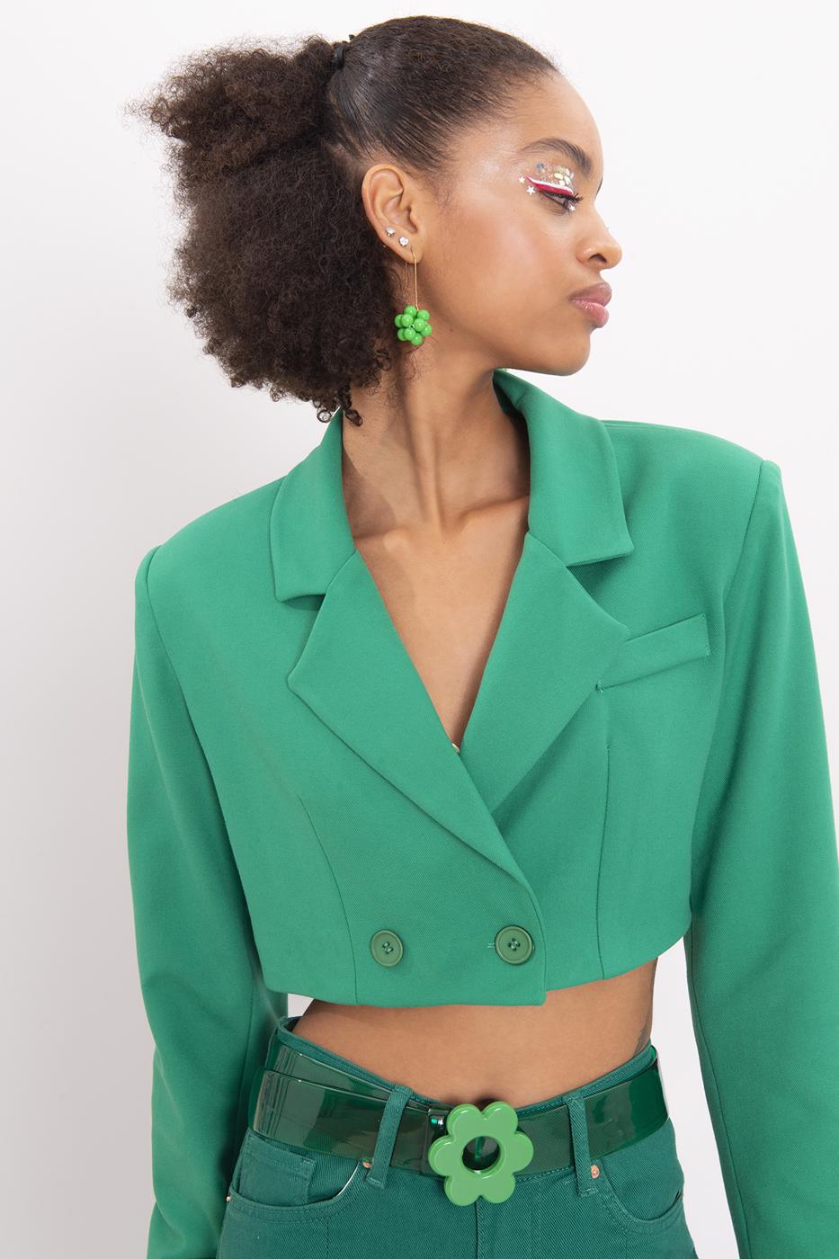 Bayan Yeşil Uzun Kollu Crop Ceket