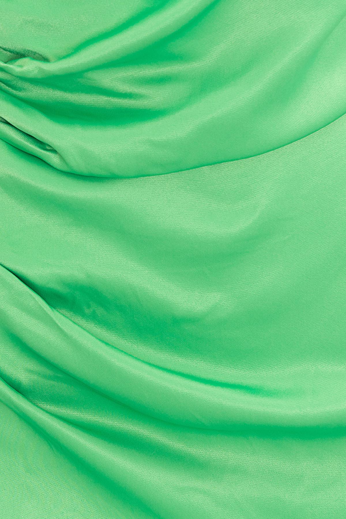Bayan Yeşil Asimetrik Etek Ucu Detaylı Tek Omuz Uzun Elbise