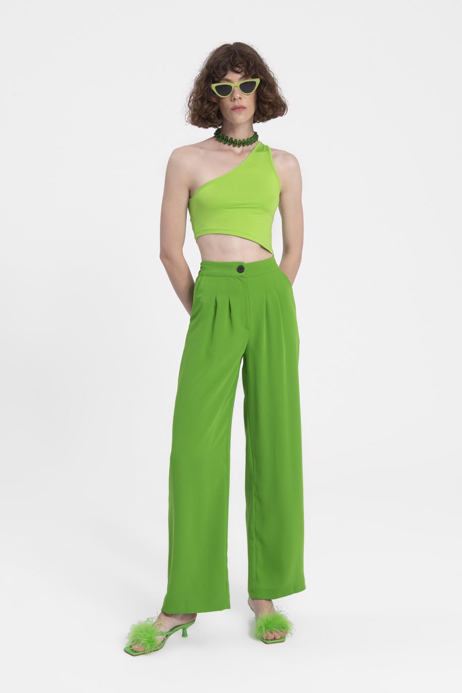 Bayan Yeşil Geniş Paça Maskülen Pantolon