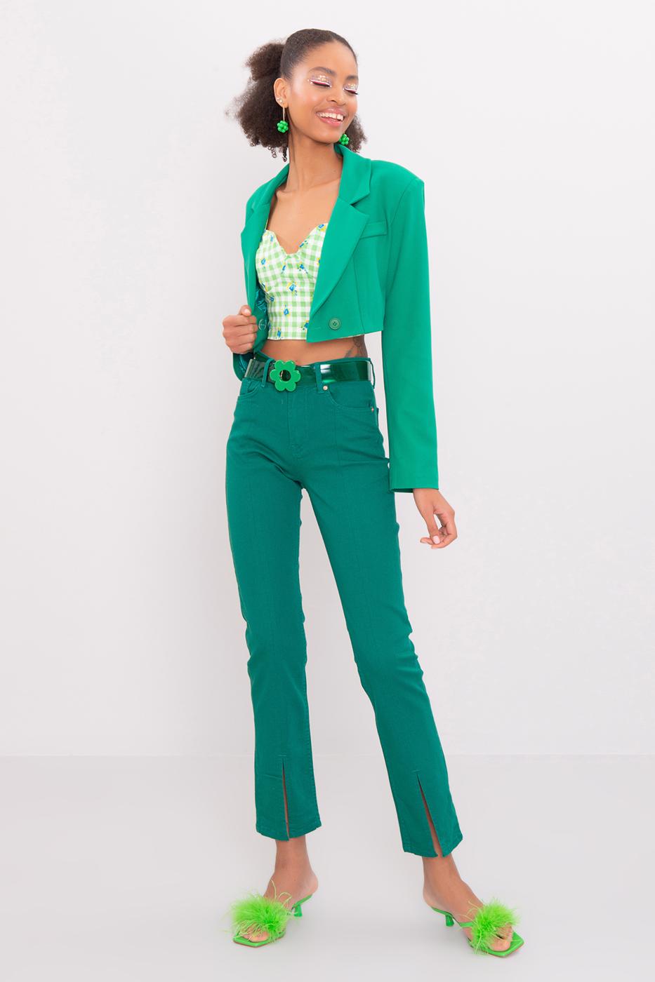 Bayan Yeşil Paça Yırtmaç Detaylı Pantolon
