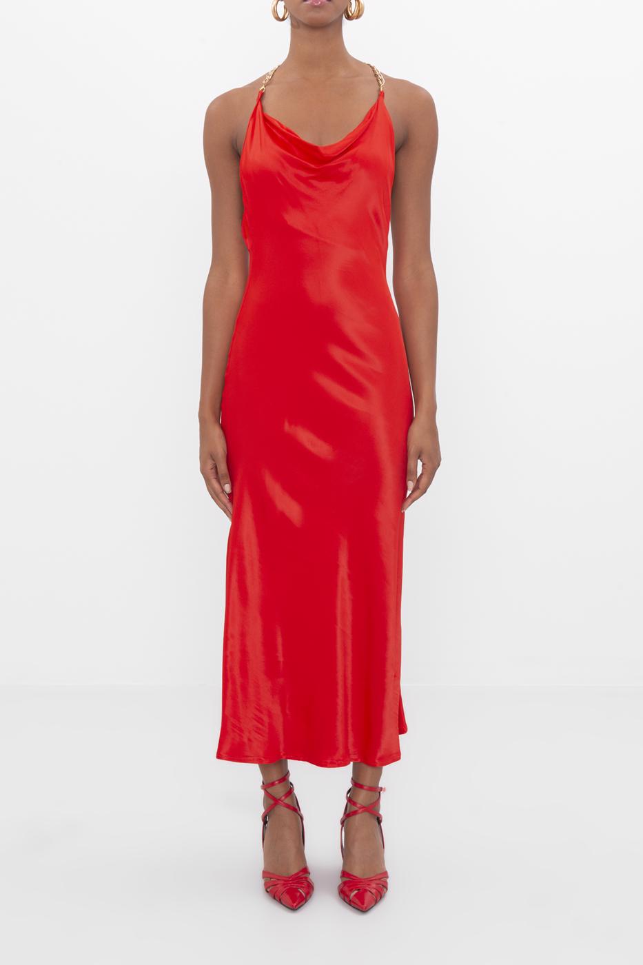 Bayan Kırmızı Zincir Askılı Degaje Yakalı Midi Elbise