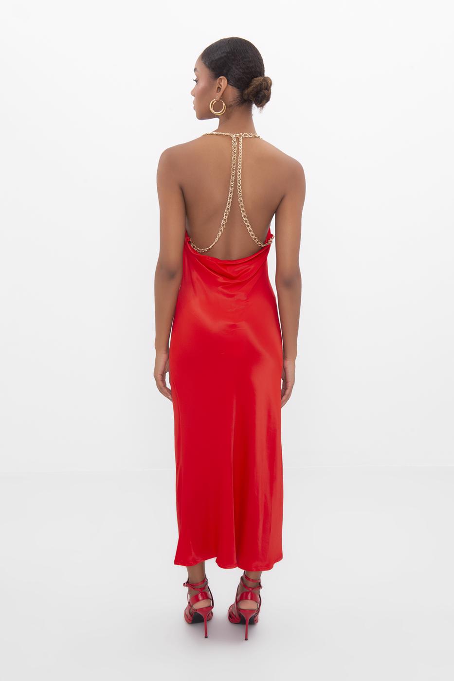 Bayan Kırmızı Zincir Askılı Degaje Yakalı Midi Elbise
