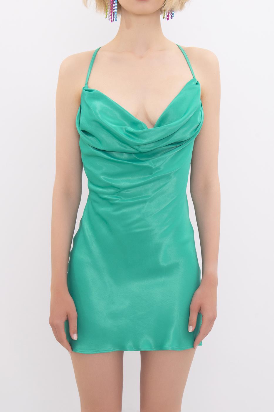 Bayan Yeşil Askılı Degaje Yaka Mini Elbise