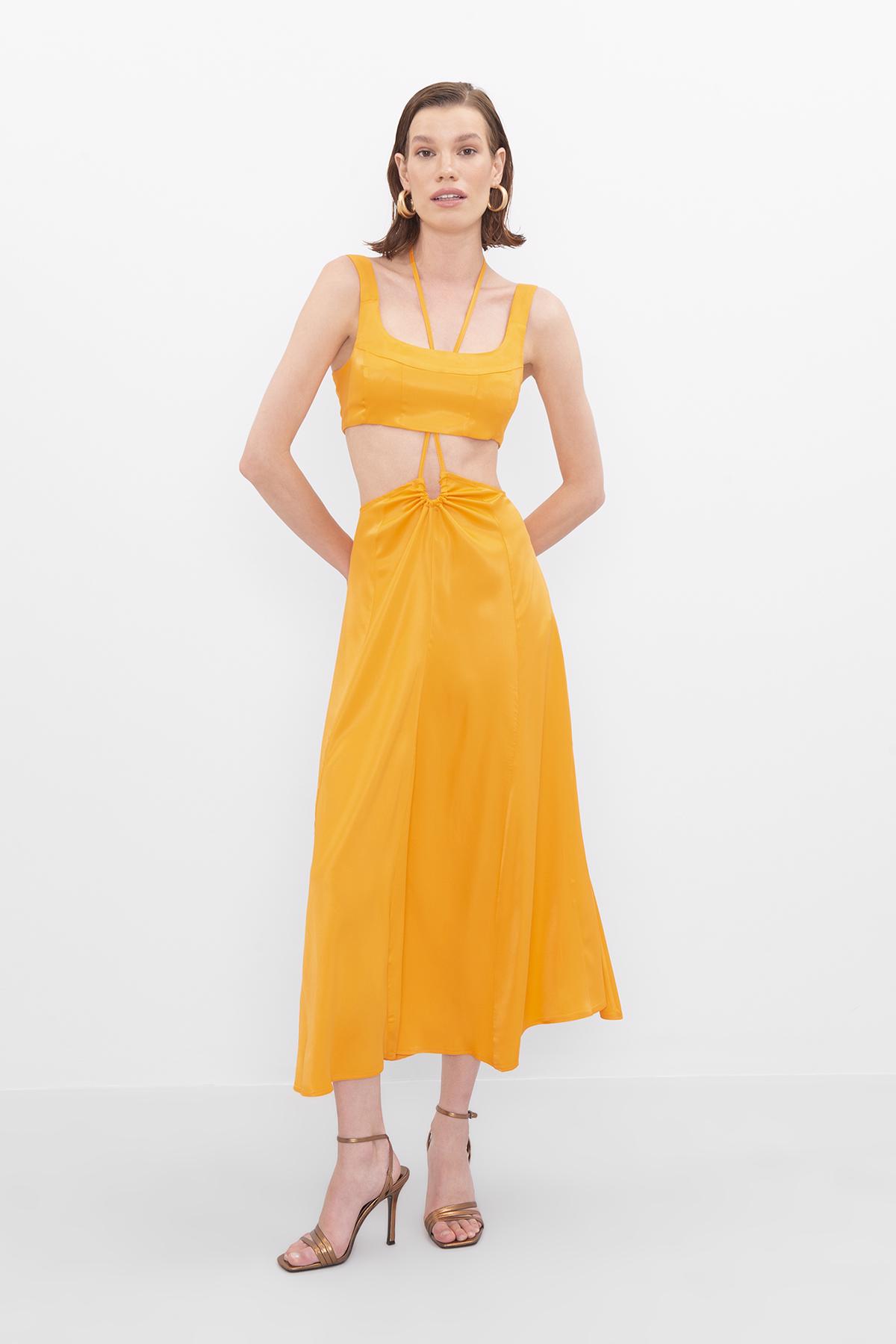 Bayan Oranj Kare Yaka Bel Büzgülü Midi Elbise