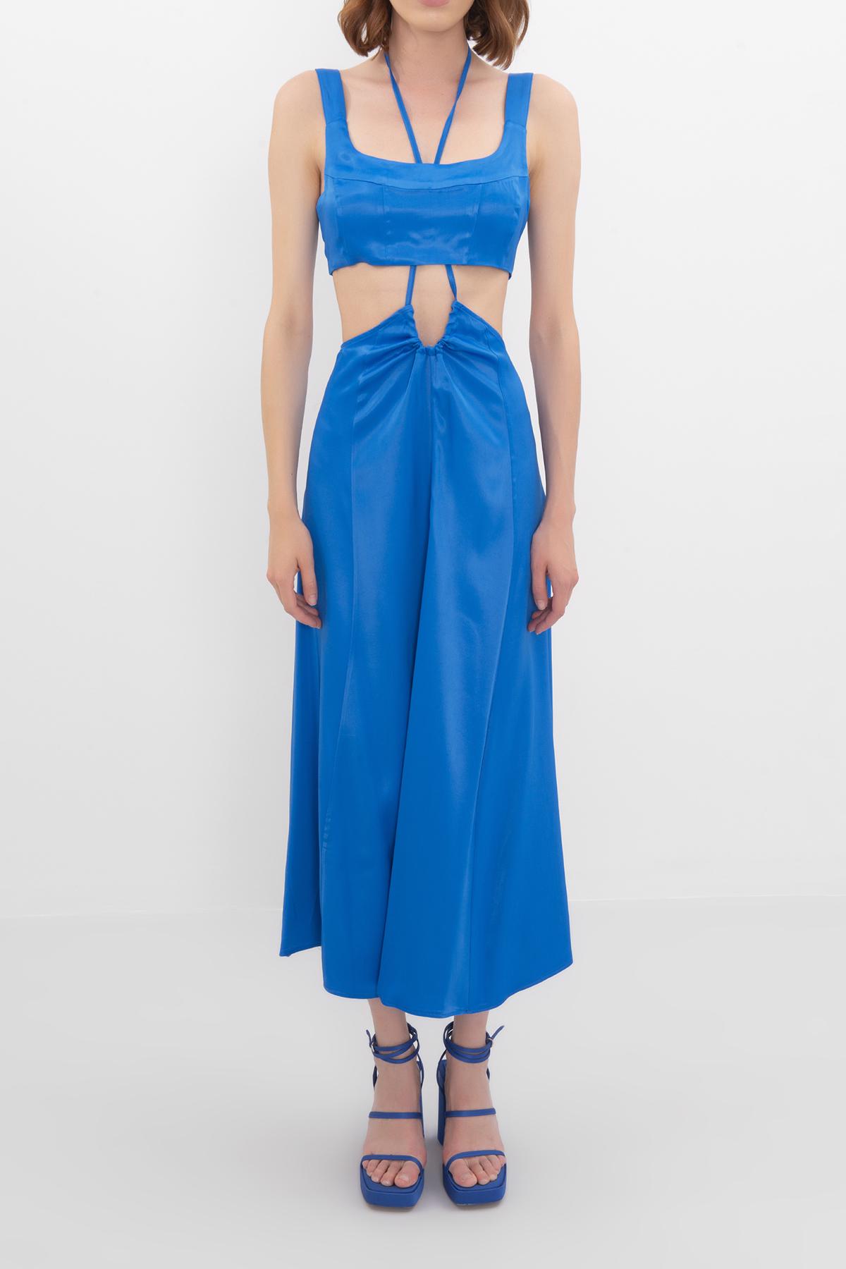 Bayan Sax Kare Yaka Bel Büzgülü Midi Elbise