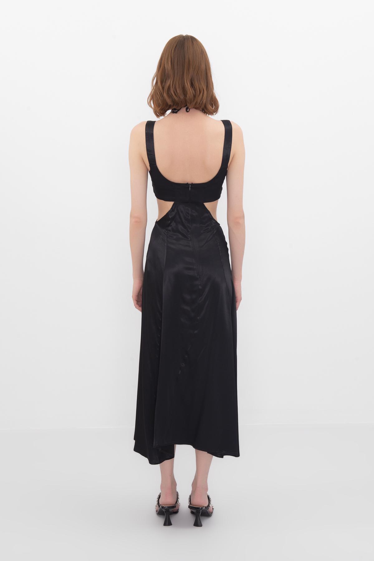 Bayan Siyah Kare Yaka Bel Büzgülü Midi Elbise