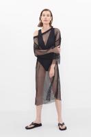 Bayan Siyah Kayık Yaka File Detaylı Midi Elbise