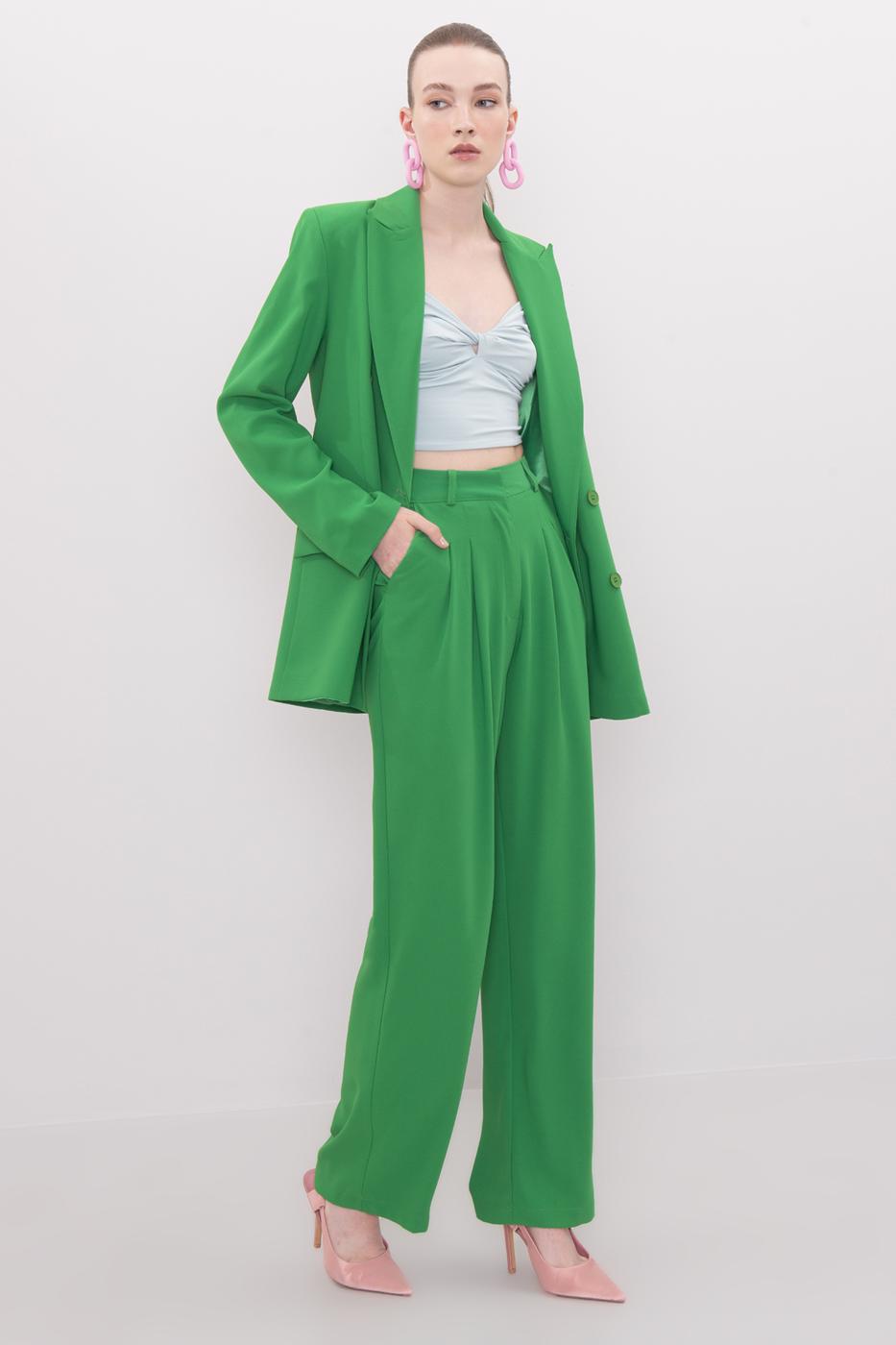 Bayan Yeşil Yüksek Bel Pileli Bol Pantolon
