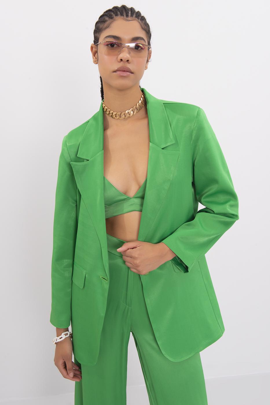 Bayan Yeşil Saten Blazer Ceket