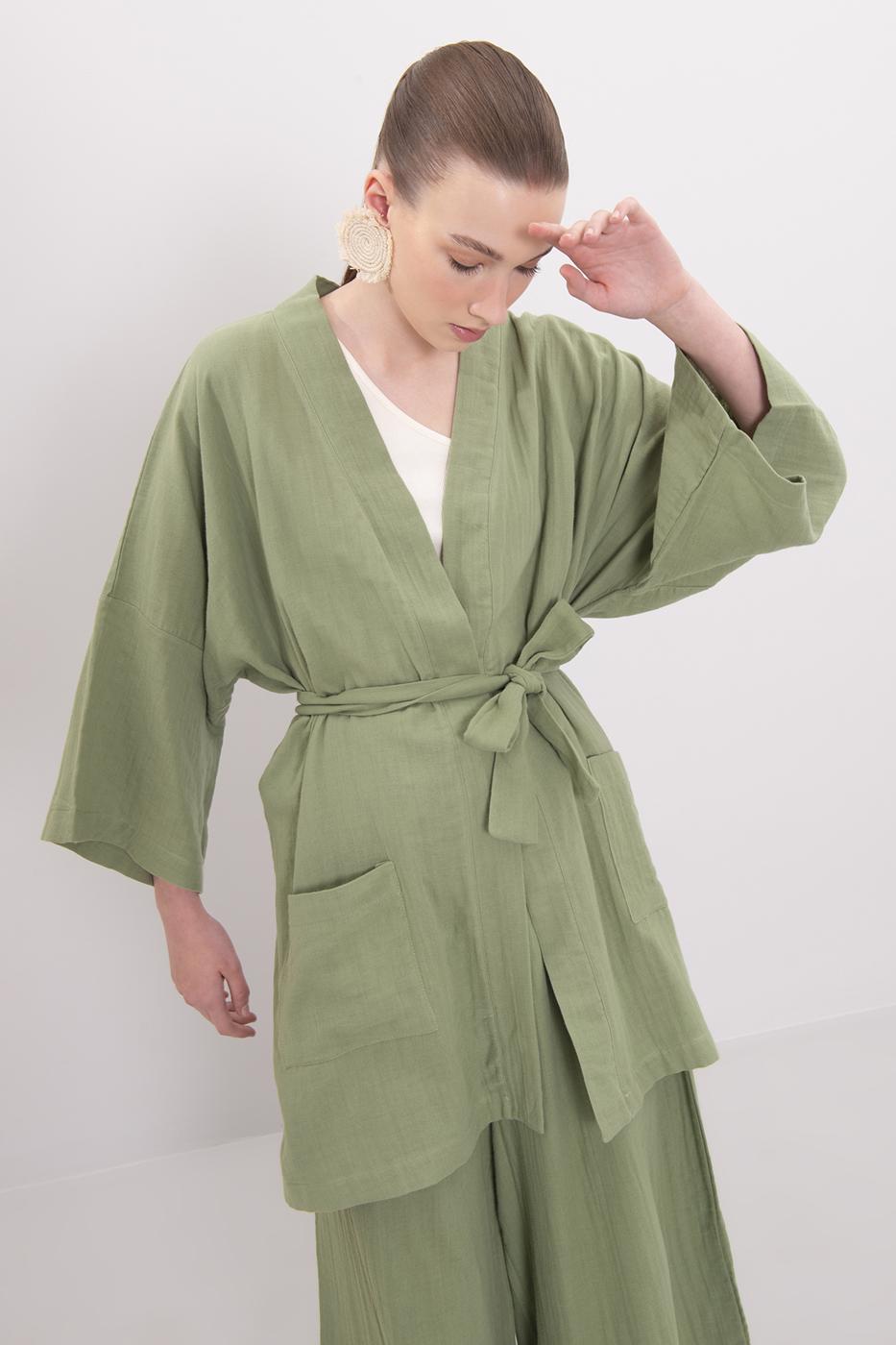 Bayan Yeşil Pamuklu Kısa Kimono