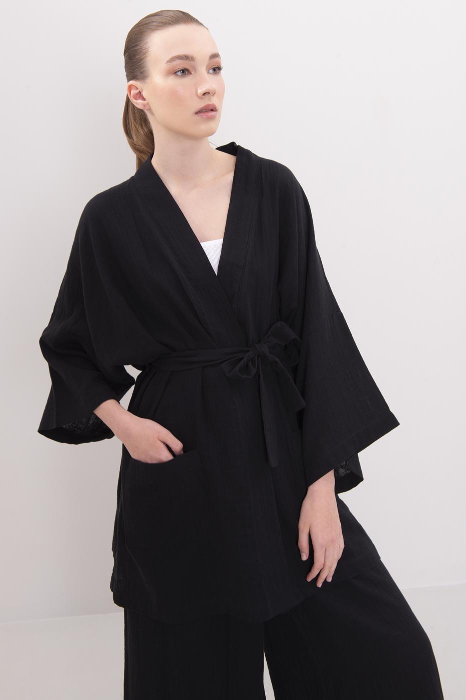 Bayan Siyah Pamuklu Kısa Kimono
