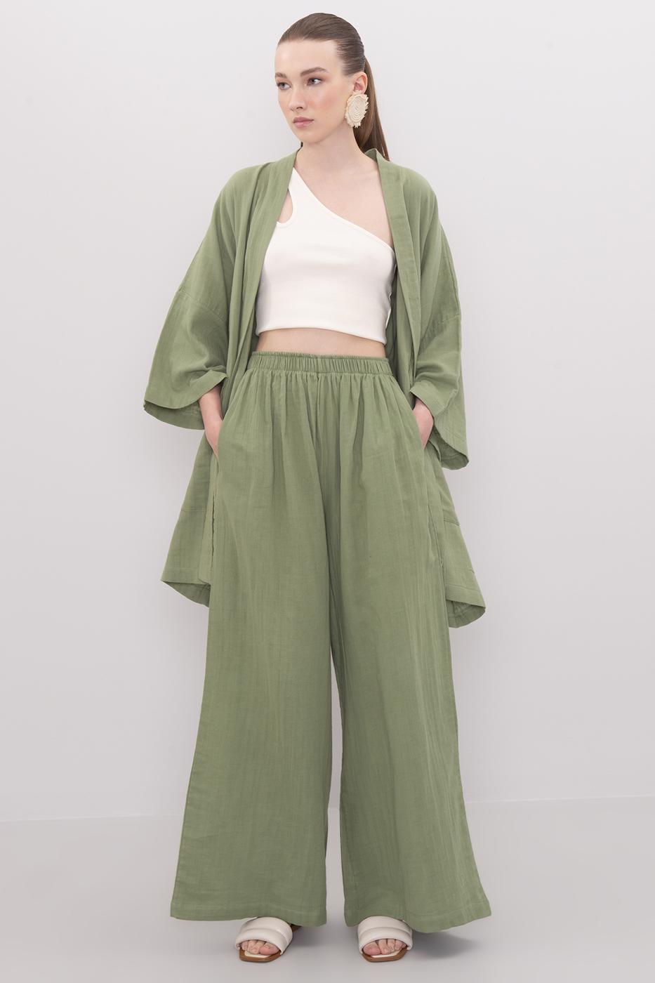 Bayan Yeşil Bel Lastikli Bol Paça Pamuklu Pantolon