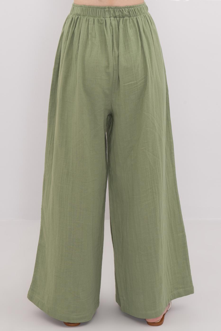 Bayan Yeşil Bel Lastikli Bol Paça Pamuklu Pantolon