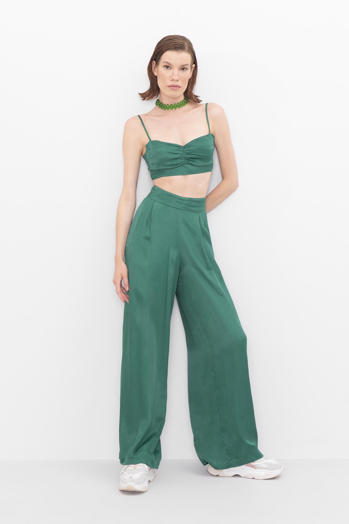 Bayan Yeşil Yüksek Bel Saten Bol Pantolon