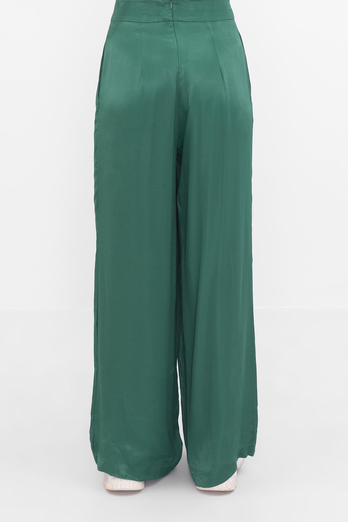 Bayan Yeşil Yüksek Bel Saten Bol Pantolon