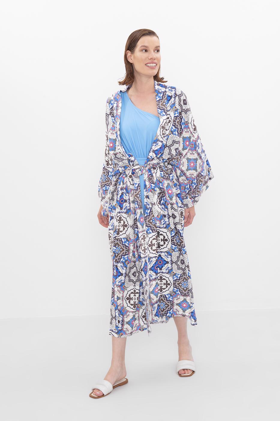 Bayan Mavi Desenli Uzun Kimono