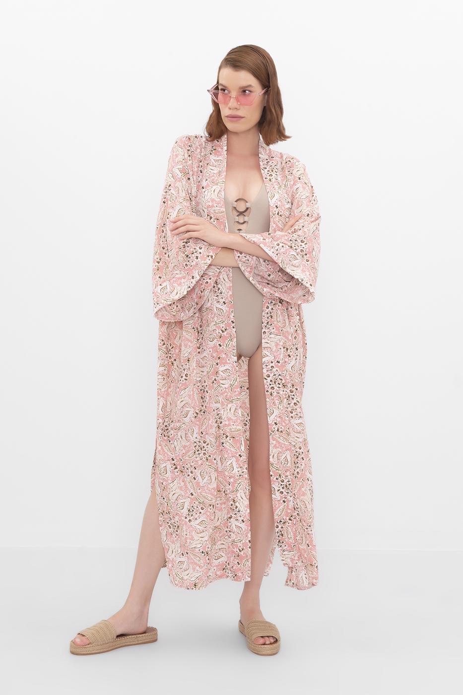 Bayan Pembe Desenli Uzun Kimono