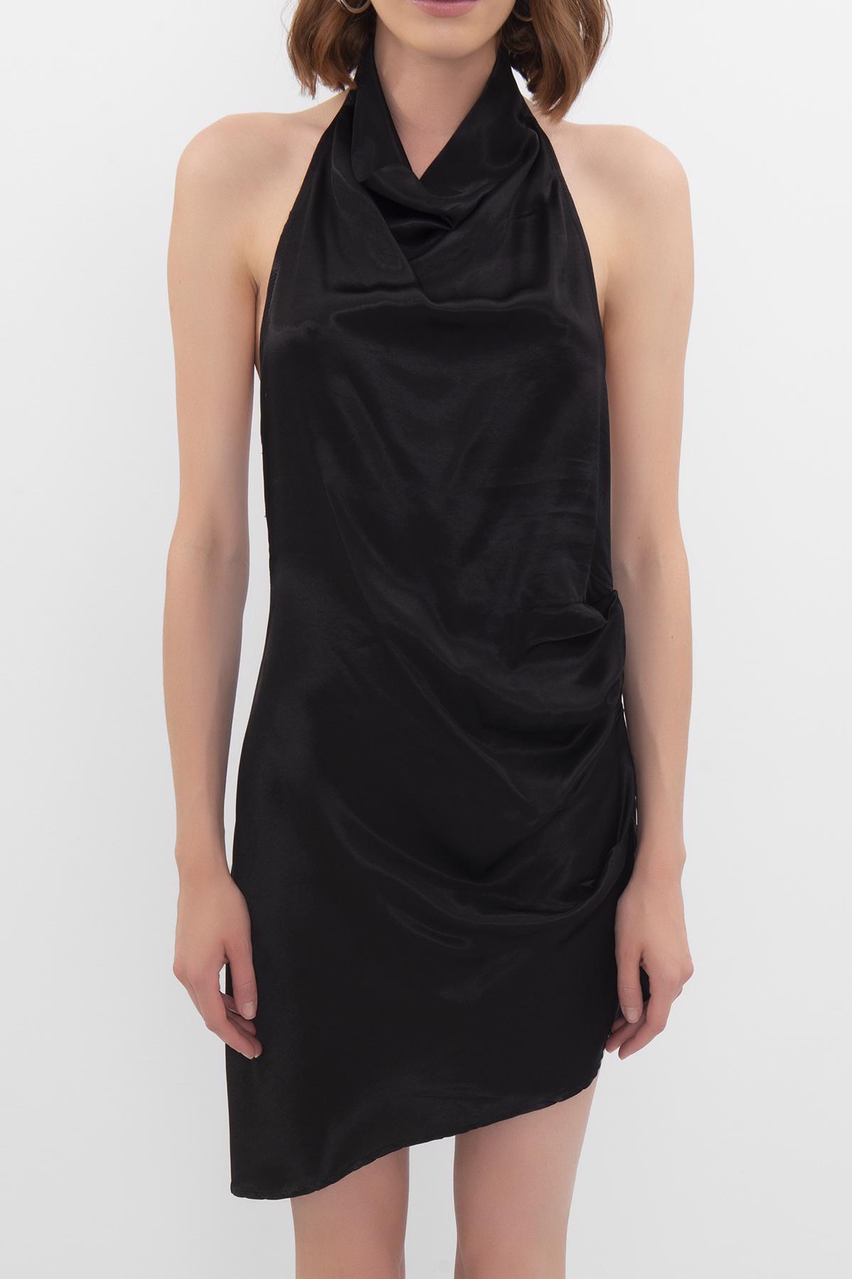 Bayan Siyah Asimetrik Etek Ucu Detaylı Mini Saten Elbise