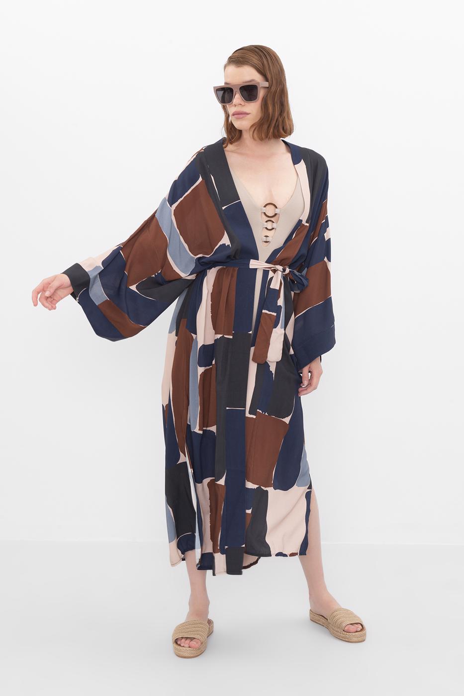 Bayan Lacivert Desenli Uzun Kimono