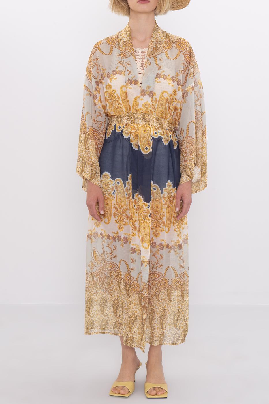 Bayan Sarı Desenli Uzun Kimono