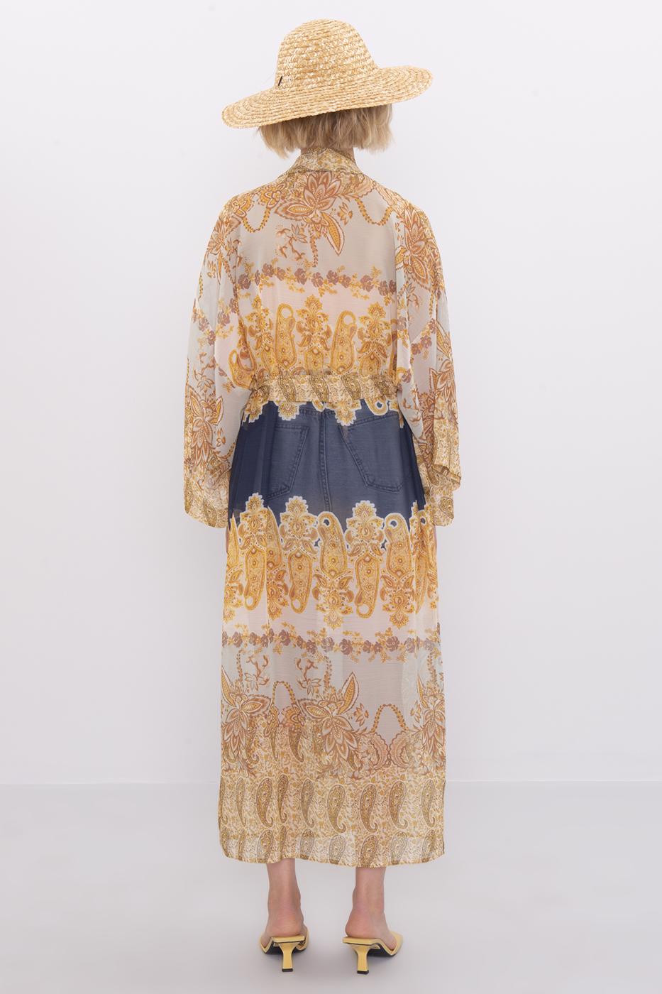 Bayan Sarı Desenli Uzun Kimono