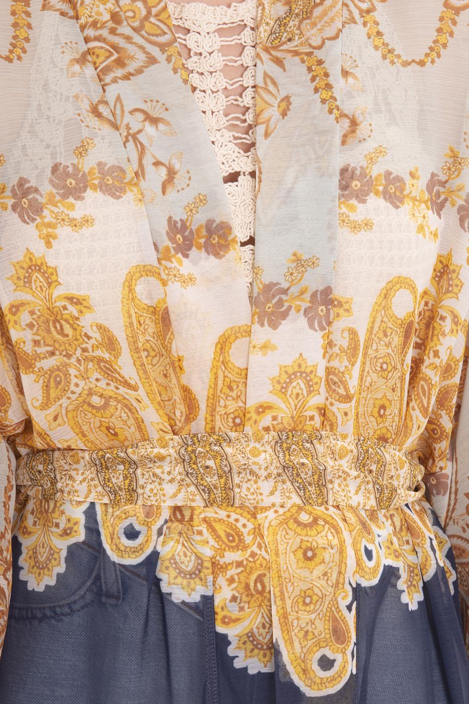 Bayan Sarı Desenli Uzun Kimono