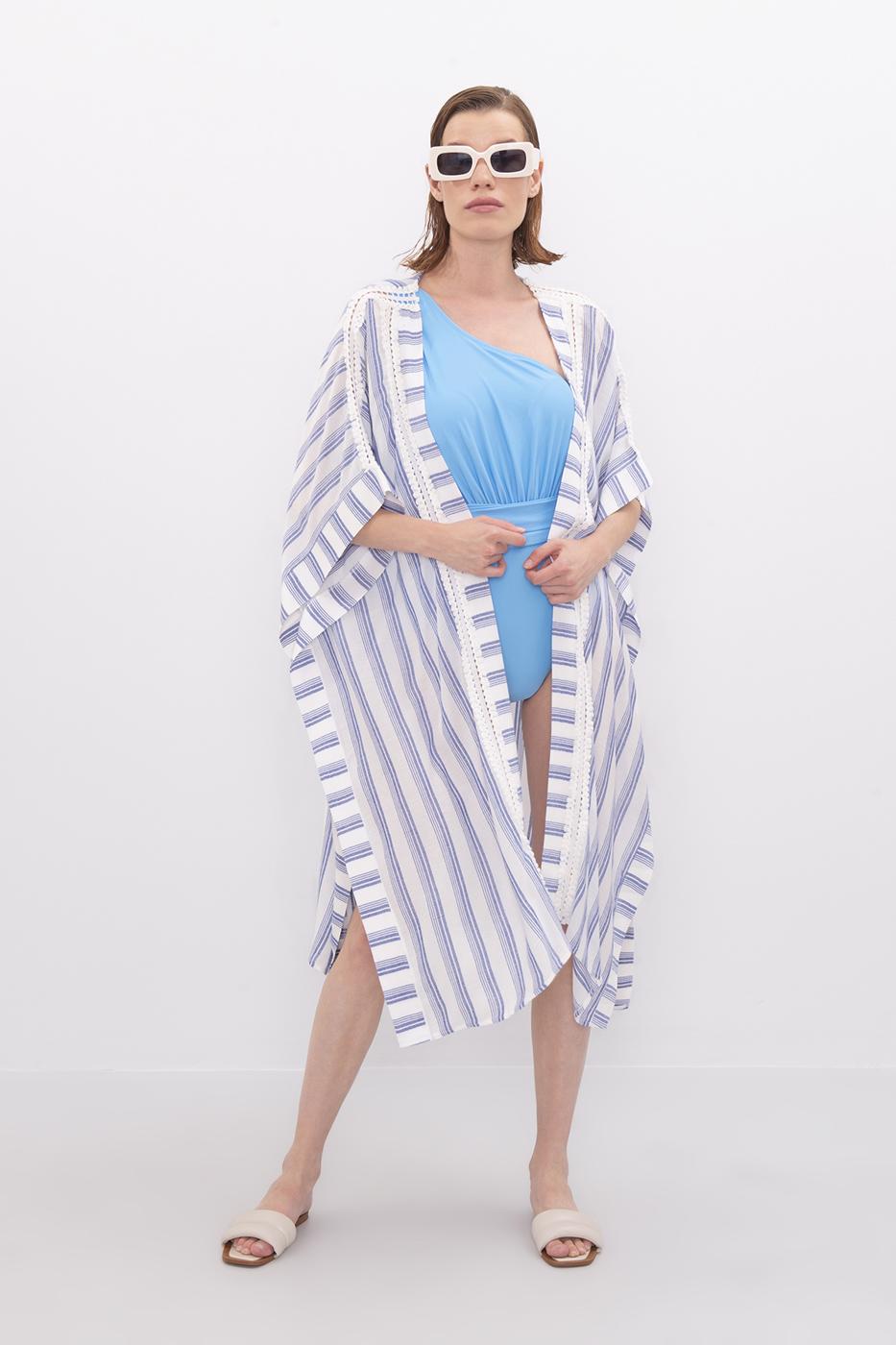 Bayan Mavi Oversize Kısa Çizgili Kimono