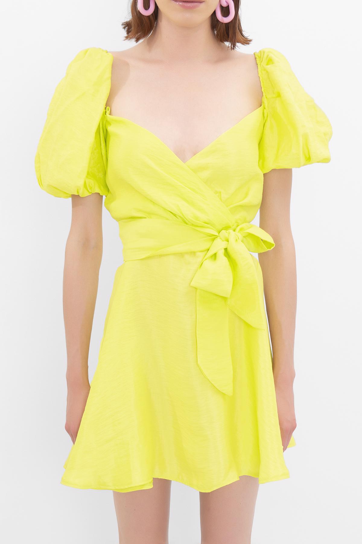 Bayan Sarı Balon Kollu Mini Elbise