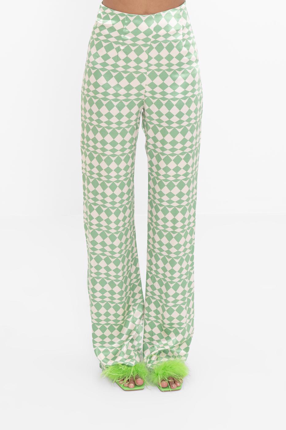 Bayan Yeşil Yüksek Bel Saten Pantolon
