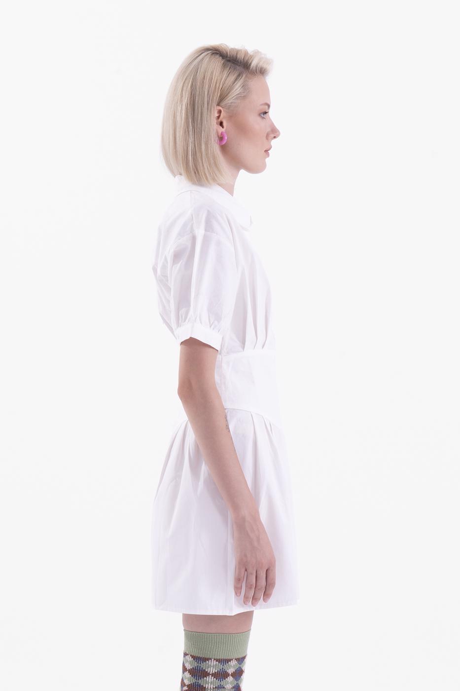 Bayan Beyaz Kısa Kol Gömlek Yakalı Mini Elbise